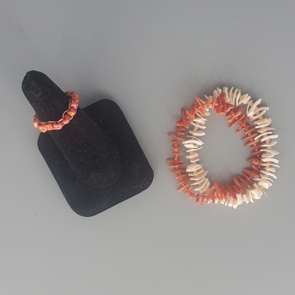 Shells and Coral Beaded Bracelet and Ring Set - Picture 3 of 11